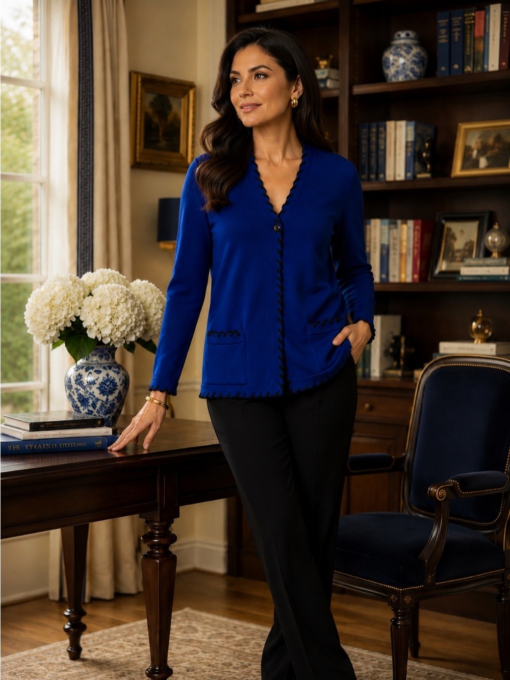 St. John Collection Cobalt Blue V-Neck Knit Cardigan with Black Trim